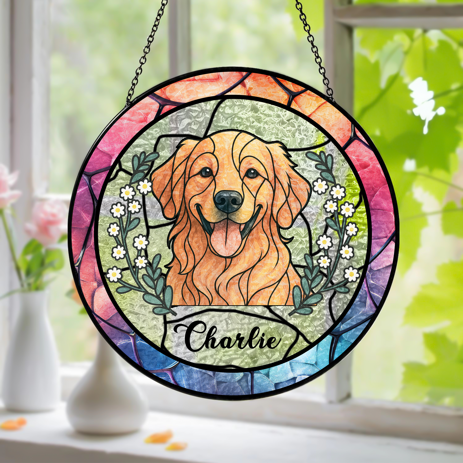 Custom Dog Portrait Photo With Sunflower Memorial Stained Glass Suncatcher, Sympathy Gifts, Pet Loss Gift HO82 894330