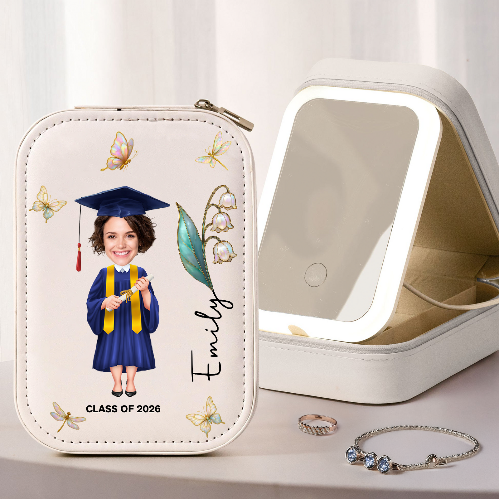 Custom Face Photo Graduation With Flower On Makeup Box With LED TH10 896601