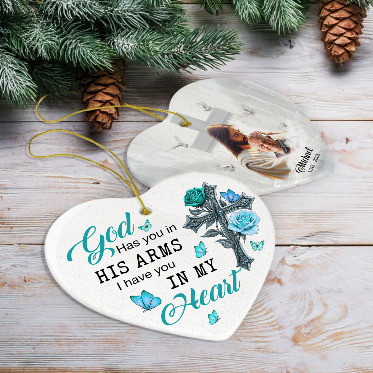 Custom Photo Safe In The Arms Of Jesus Memorial Heart Shaped Ceramic Ornament LM32 893825