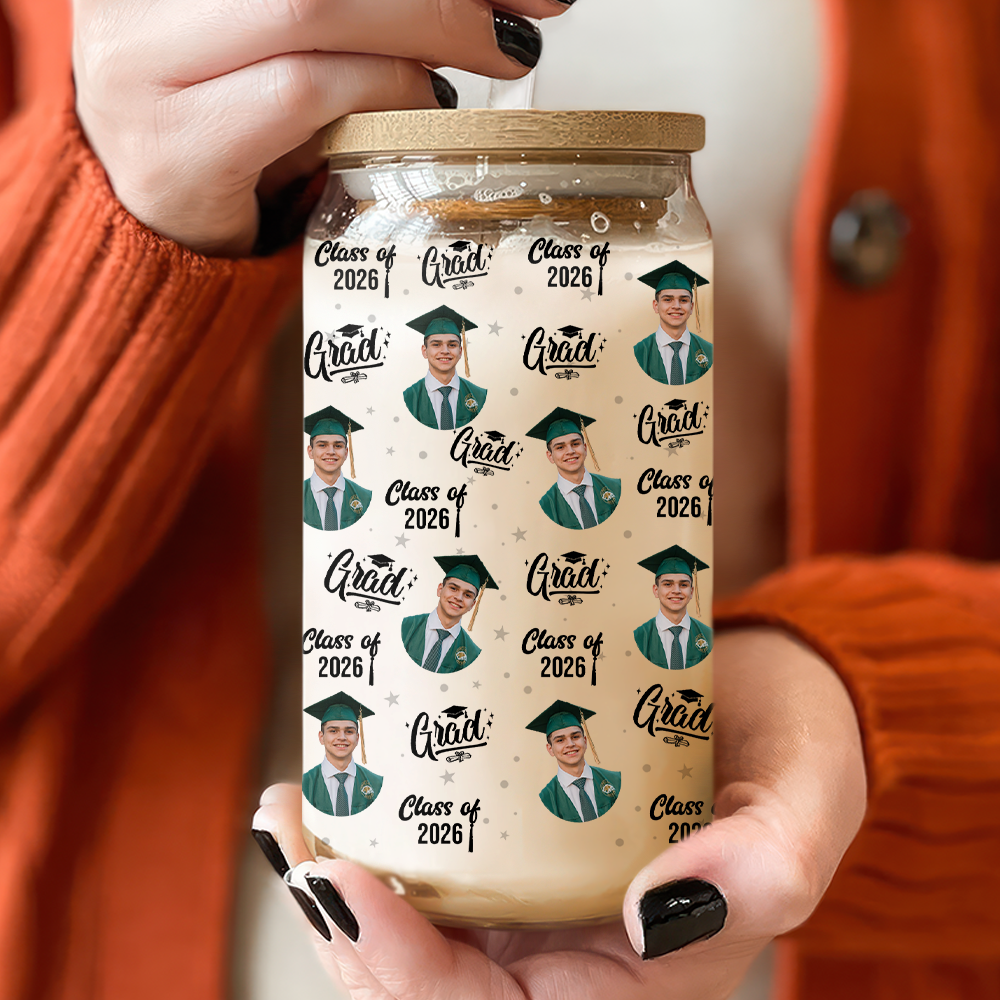 Custom Photo Class Of 2026 Graduation Glass Can With Lid HO82 901490