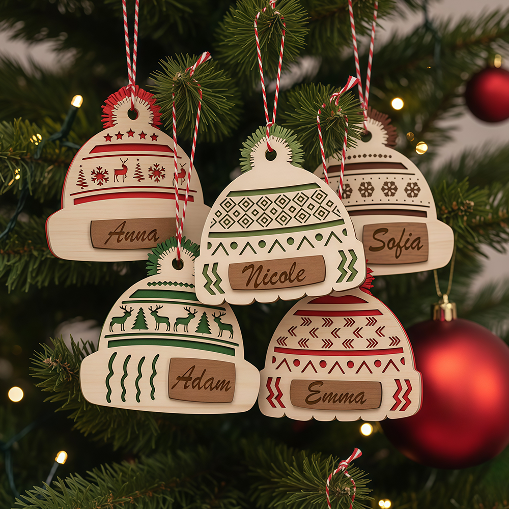 Custom Name Christmas Beanie Hat Layered Wood Ornament CH07 896630