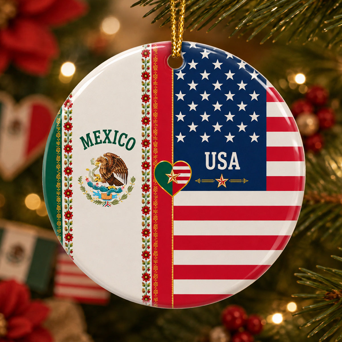 Custom Name Mexican American Flag Ceramic Ornament, Patriotic Gift for Mestizo CH07 180392