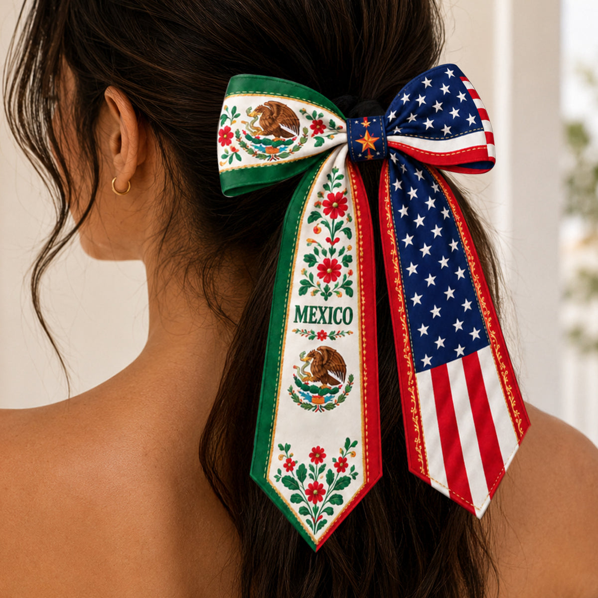Personalized Name Mexico And US Flag Ribbon Hair Bow K228 903370