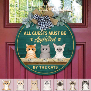 GeckoCustom All Guest Must Be Approved By The Cat Wooden Door Sign With Wreath, Cat Door Hanger HN590 12 Inch