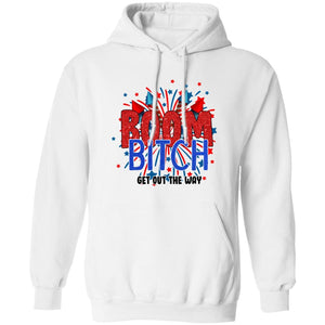 GeckoCustom BOOM BITCH Get Out The Way Fireworks 4th Of July H391 Pullover Hoodie / White / S