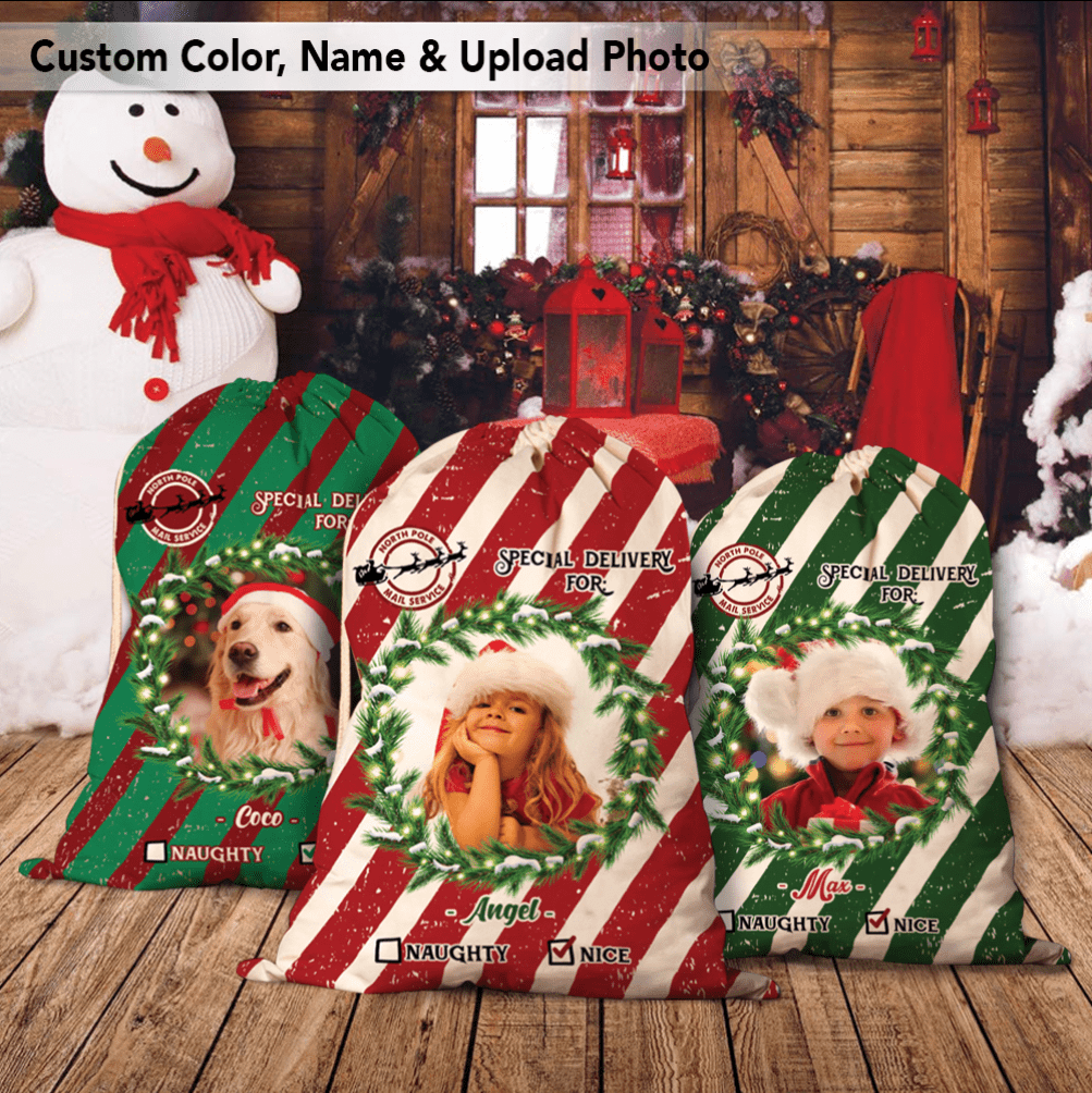 GeckoCustom Candy Cane Christmas Santa Sack, Custom Photo Christmas Sacks HN590