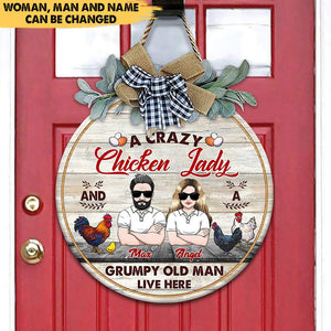 GeckoCustom Crazy Chicken Lady & Grumpy Old Man Flower Door Hanger, Wooden Door Sign With Wreath, Chicken Lover Gift, HN590 13.5 inch