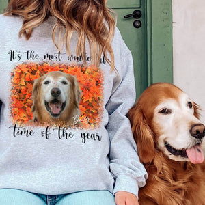 GeckoCustom Custom Dog Photo Sweatshirt, Fall Autumn Wonderful Time Dog Sweater Sweatshirt / S Sport Grey / S