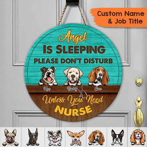 GeckoCustom Custom Name Sleeping Nurse Wooden Door Sign, Dog Lover Gift, Dog Gift For Nurses, HN590 12 Inches