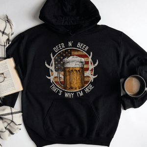 GeckoCustom Deer & Beer That's Why I'm Here Hunting T-shirt, Hunter Gift HN590 Pullover Hoodie / Black Colour / S