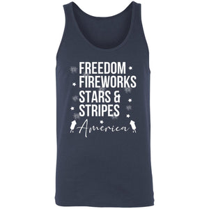 GeckoCustom Freedom Fireworks Stars And Stripes 4th of July Shirt Unisex Tank Top / Navy / X-Small