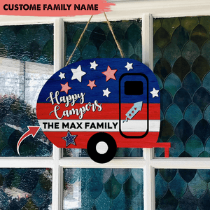 GeckoCustom Happy Camper USA Flag Camping Wooden Door Sign, Custom Doorsign HN590 12 Inch