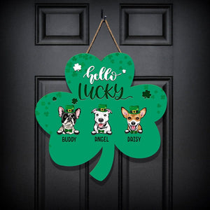 GeckoCustom Hello Lucky Wood Door Sign With Dog HN590