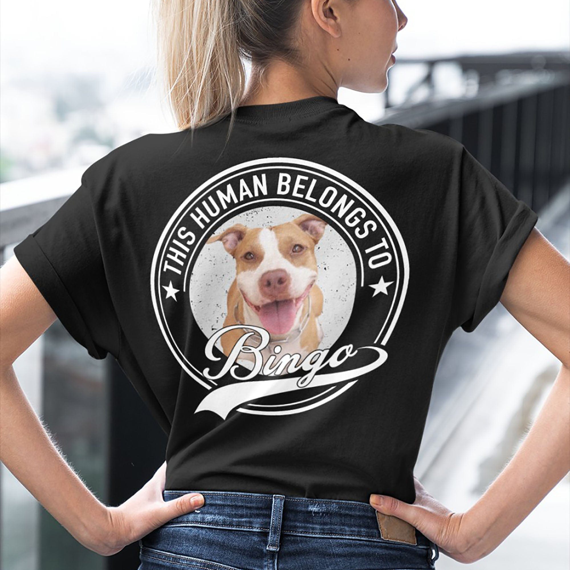 GeckoCustom Human Belongs To Dog Cat Personalized Custom Photo Dog Cat Pet Backside Shirt C251N Women Tee / Black Color / S