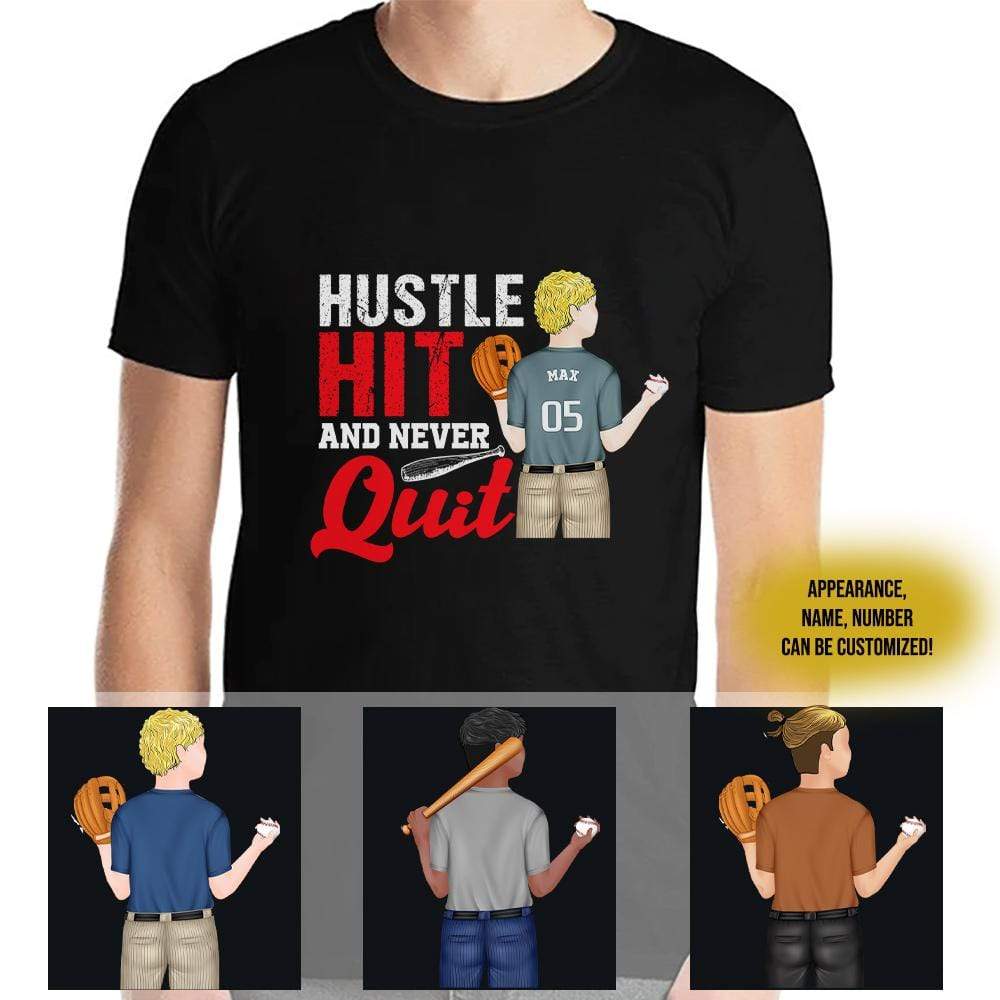 GeckoCustom Hustle Hit And Never Quit, Gift For Baseball Player, Baseball Shirt