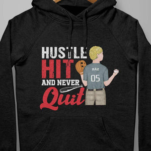 GeckoCustom Hustle Hit And Never Quit, Gift For Baseball Player, Baseball Shirt Pullover Hoodie (Favorite) / Black Colour / S