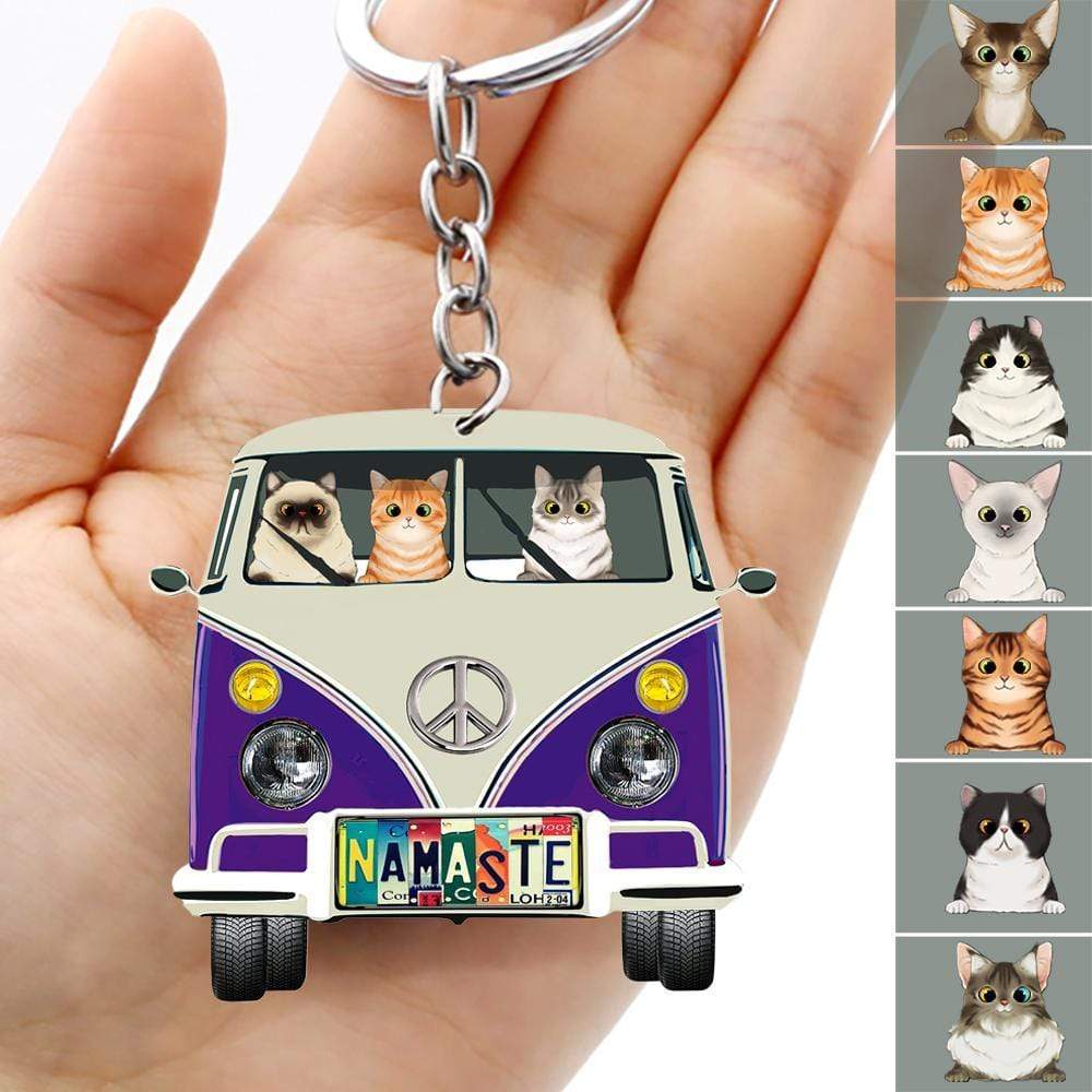 GeckoCustom License Plate Hippie Vintage Van Cat Camping Acrylic Keychain, Cat Lover Gift HN590