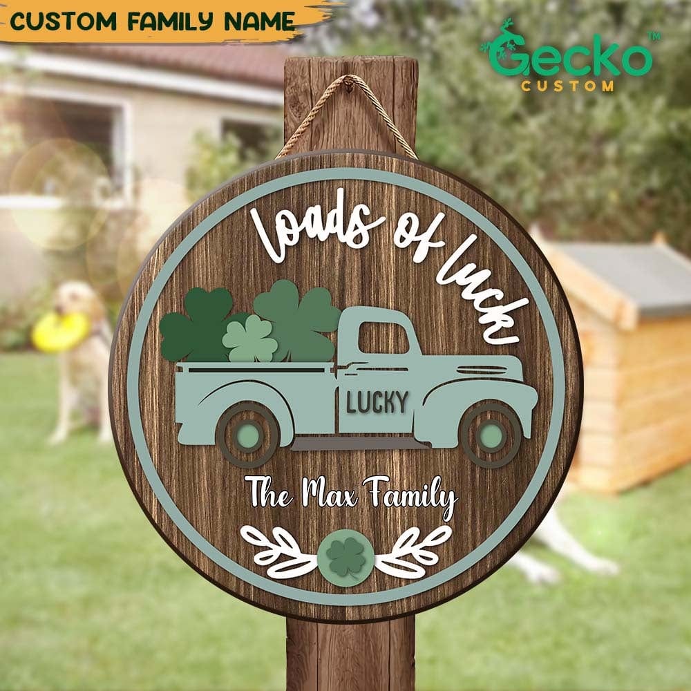 GeckoCustom Loads of Luck Wood Door Sign, Family Name Door Sign HN590 12 Inch