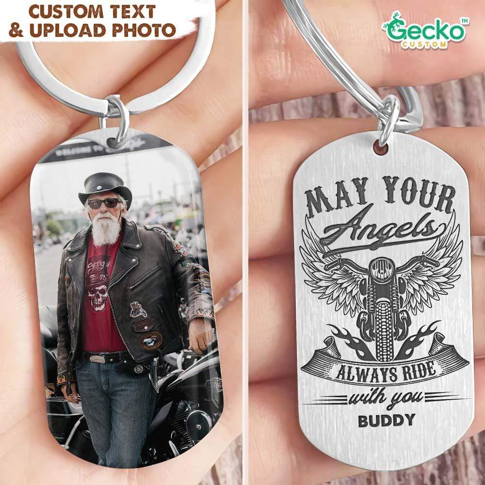 GeckoCustom May Your Angels Always Ride With You Biker Metal Keychain HN590 No Gift box