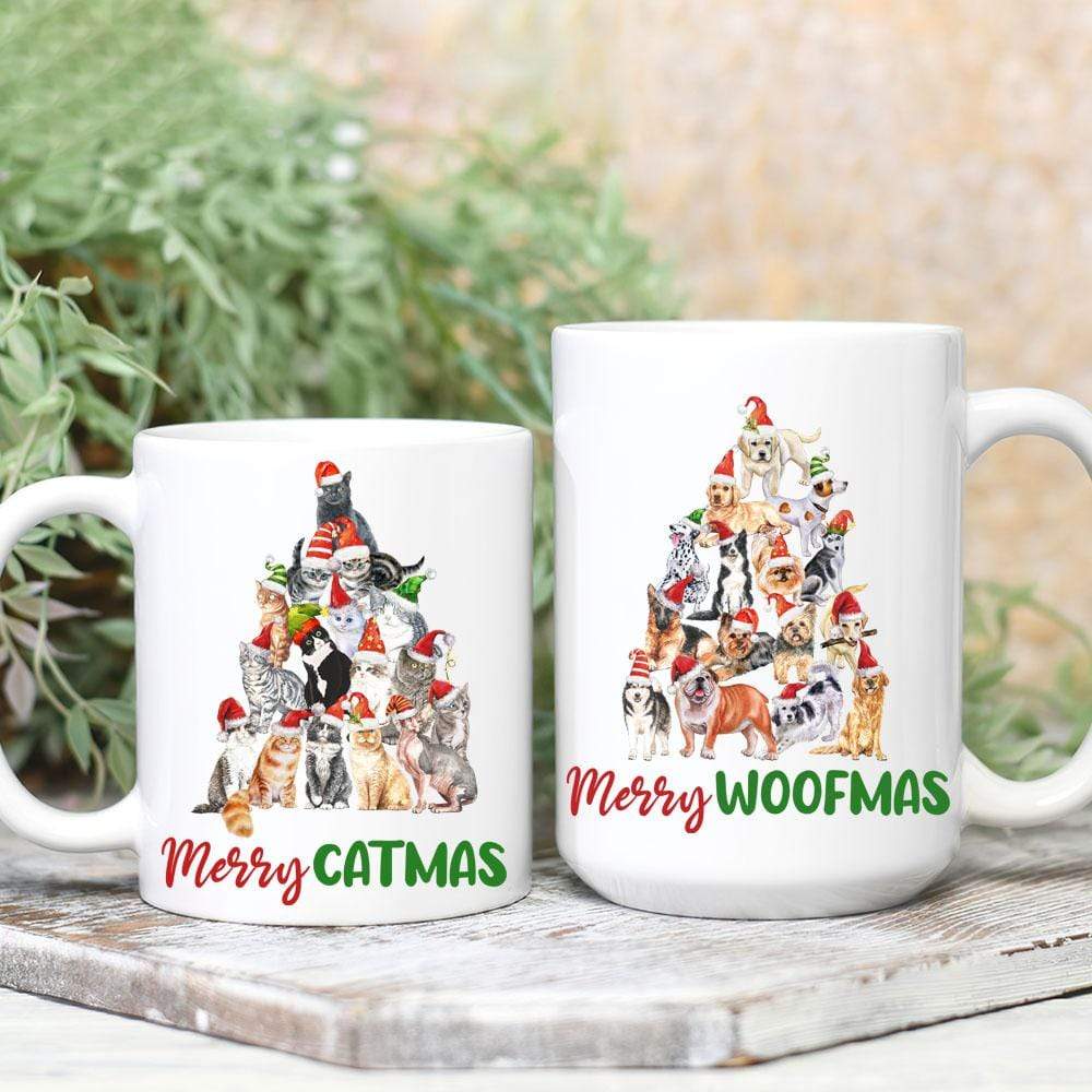 GeckoCustom Merry Catmas Woofmas Cat Dog Coffee Mug HN590 11 oz / Gloss Ceramic / White