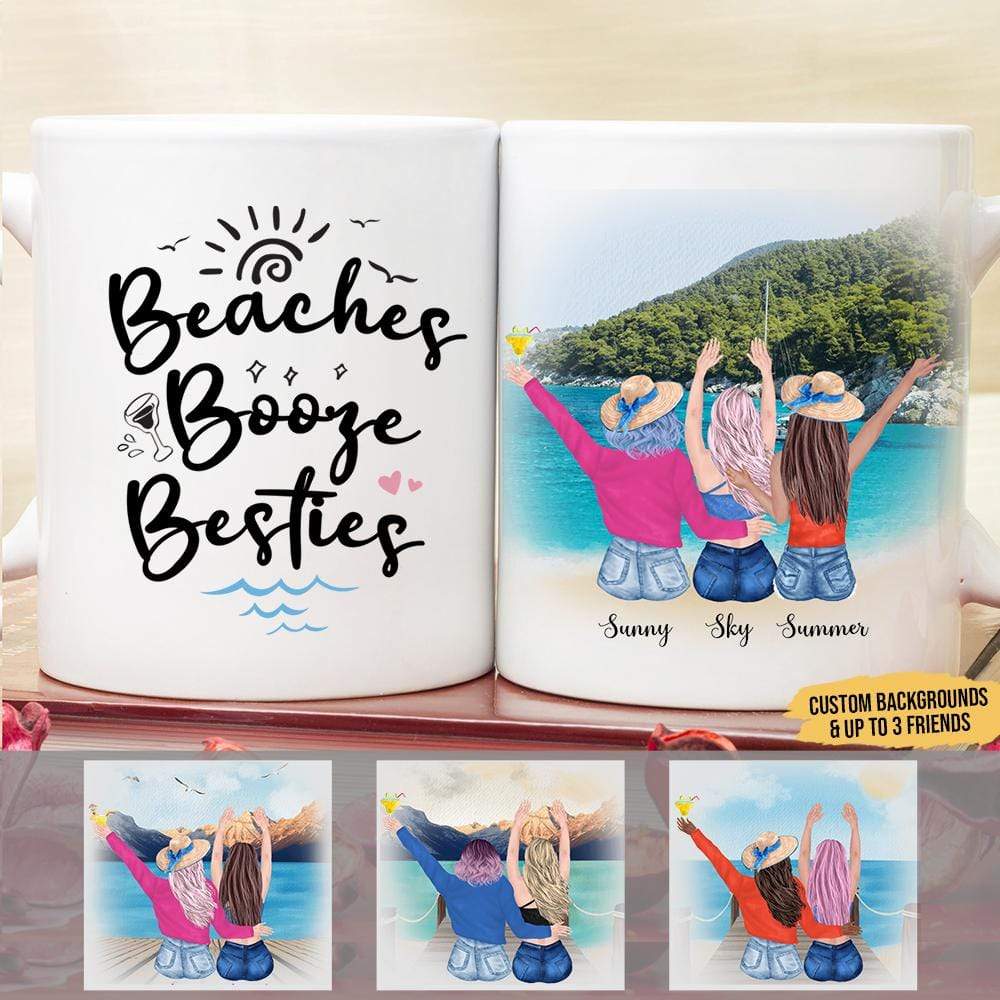 GeckoCustom Personalized Custom Coffee Mug, Best Friend Gift, Beaches Booze Besties 11oz