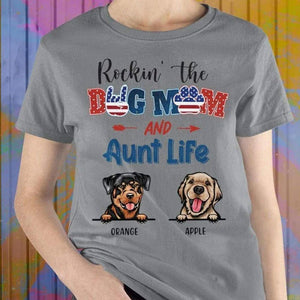 GeckoCustom Personalized Custom T Shirt, Dog Lover Gift, 4th Of July Gift, Rockin The Dog Mom & Aunt Life Ladies T-Shirt / Light Blue Color / S