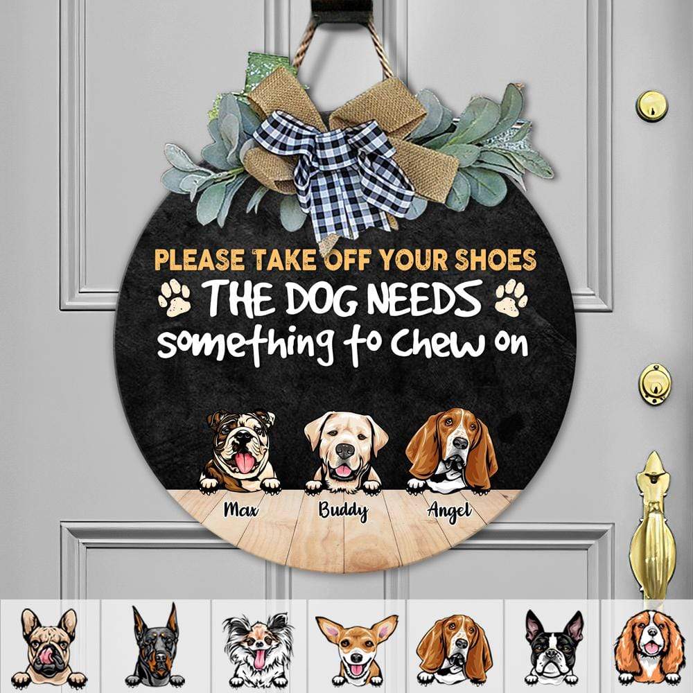 GeckoCustom Please Take Off Your Shoes, Wooden Door Sign With Wreath, Dog Lover Gift, Dog Door Hanger HN590 12 inch