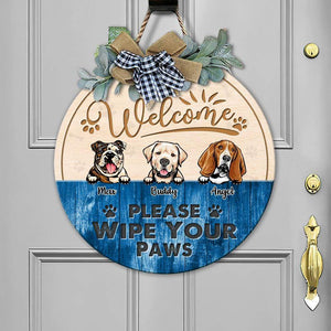 GeckoCustom Please Wipe Your Paws Dog Wooden Door Sign With Wreath, Dog Door Hanger HN590