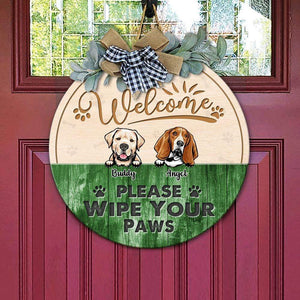 GeckoCustom Please Wipe Your Paws Dog Wooden Door Sign With Wreath, Dog Door Hanger HN590