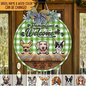 GeckoCustom Shenanigans Welcome Shamrock St.Patrick's Day Dog Wooden Door Sign With Wreath  HN590 12 inch