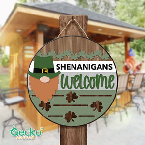 GeckoCustom Shenanigans Welcome Wood Door Sign HN590