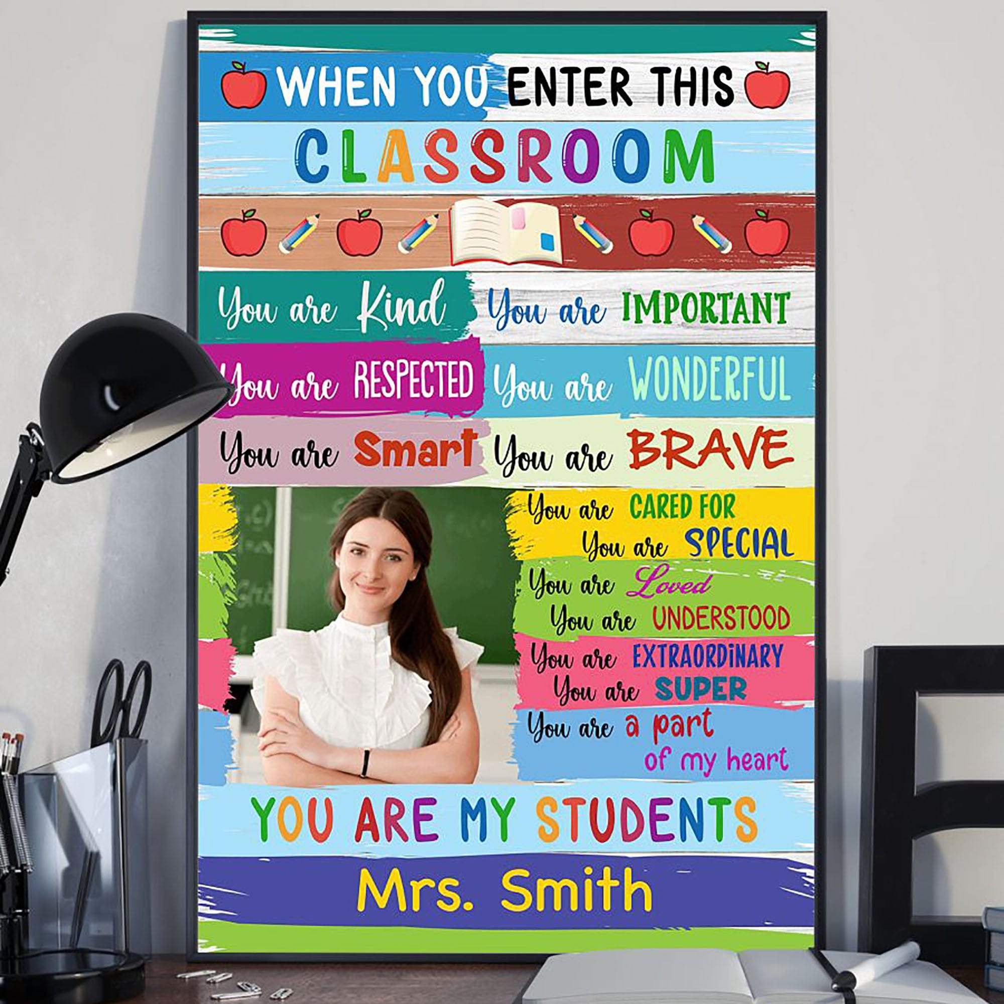 GeckoCustom Teacher Wood Texture Classroom Personalized Photo Vertical Poster C430