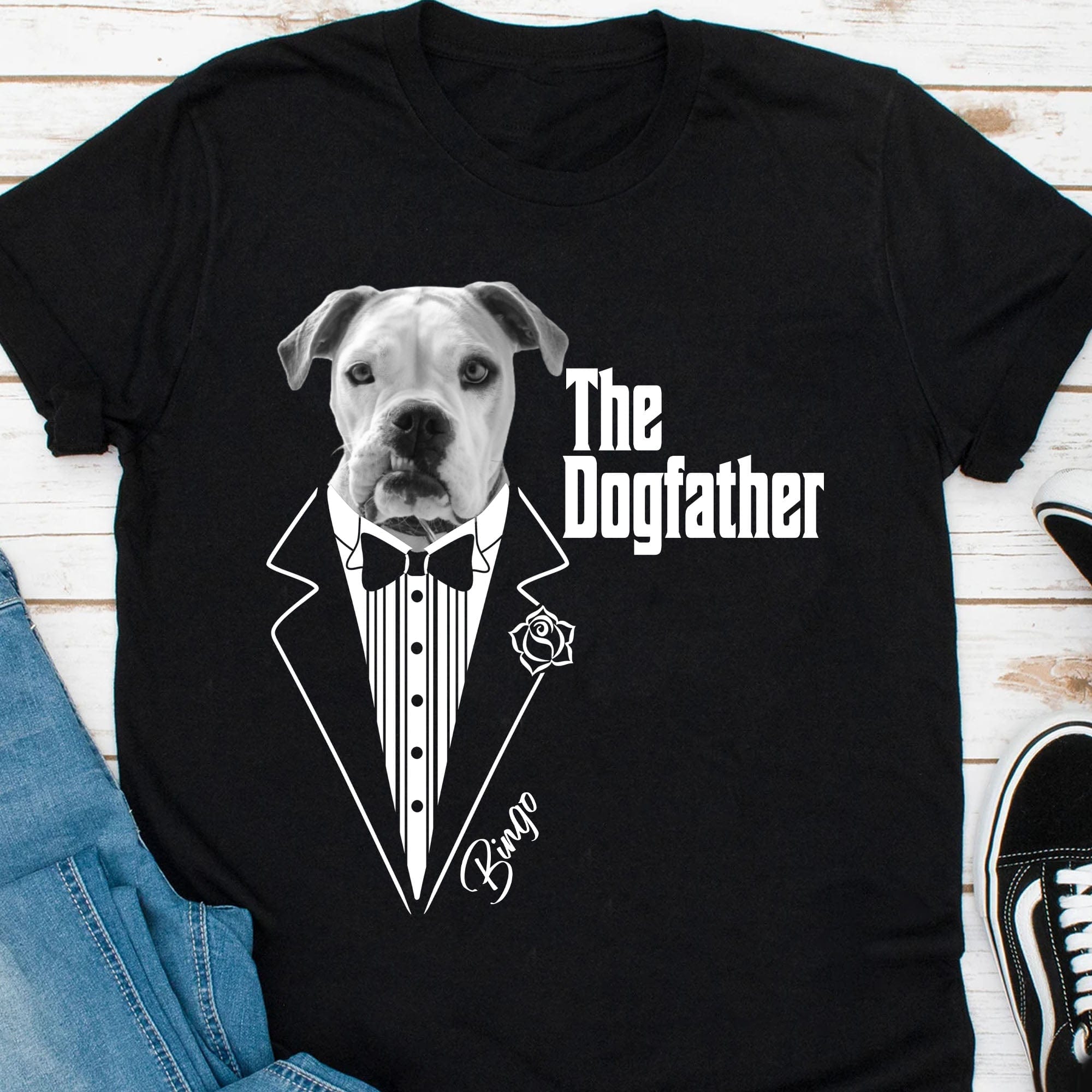 GeckoCustom The Dog Father Personalized Custom Photo Dog Dad Shirt C468 Premium Tee (Favorite) / P Black / S