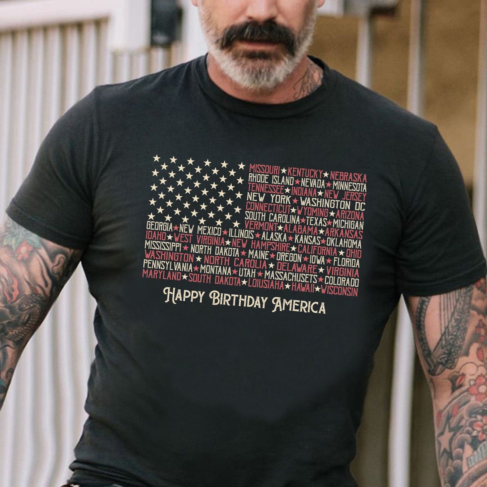 GeckoCustom Vitage American Flag Tee with States Personalized Custom 4 Th Of July Shirt H380