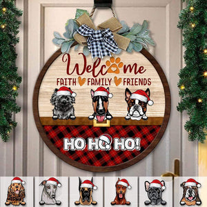 GeckoCustom Welcome Faith Family Friends Dog Wooden Door Sign With Wreath Ho Ho Ho HN590 12 inch