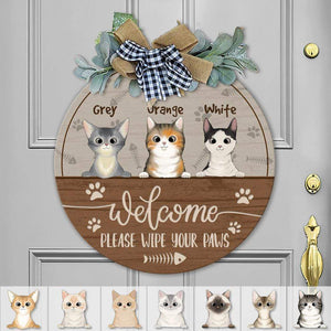 GeckoCustom Welcome Please Wipe Your Paws Cat Wooden Door Sign With Wreath, Cat Lover Gift, Cat Door Hanger HN590 12 Inch