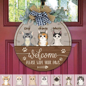 GeckoCustom Welcome Please Wipe Your Paws Cat Wooden Door Sign With Wreath, Cat Lover Gift, Cat Door Hanger HN590 12 Inch