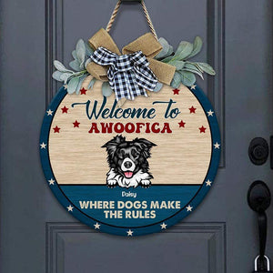 GeckoCustom Welcome To Awoofica Dog Wooden Door Sign With Wreath, Dog Lover Gift, Door Hanger HN590 12 Inch